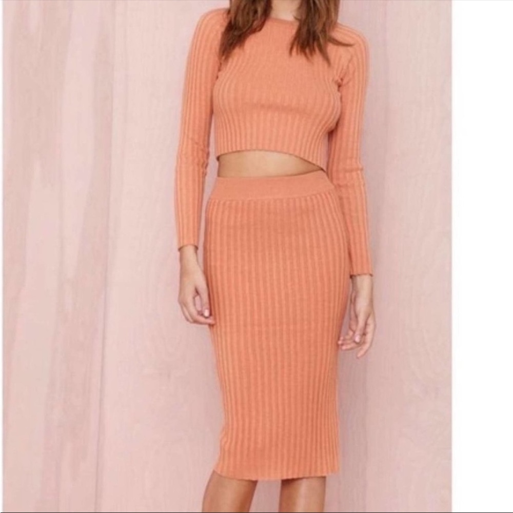 StyleUp Ribbed Mustard Skirt Set Long Sleeve Cropped with midi Skirt size S